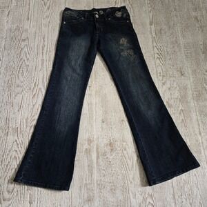Miss Vie Y2K Dark Wash Embroidered Floral Flare Jeans Women's Boot Cut Size 13